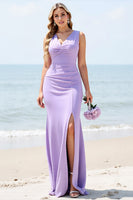Load image into Gallery viewer, Lilac Maxi V Neck Mermaid Bridesmaid Dress with Slit