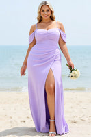 Load image into Gallery viewer, Lilac Plus Size Cold Shoulder Mermaid Bridesmaid Dress with Slit