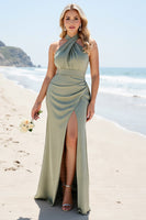 Load image into Gallery viewer, Olive Satin Halter Maxi Mermaid Bridesmaid Dress with Slit