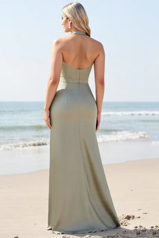 Olive Satin Halter Maxi Mermaid Bridesmaid Dress with Slit