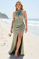 Load image into Gallery viewer, Olive Satin Halter Maxi Mermaid Bridesmaid Dress with Slit
