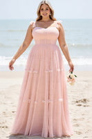 Load image into Gallery viewer, Blush Pink Spaghetti Straps Maxi A Line Bridesmaid Dress with Bow