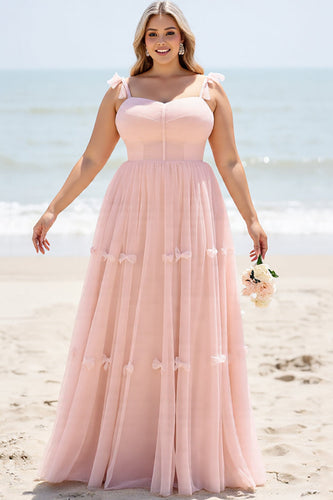 Blush Pink Spaghetti Straps Maxi A Line Bridesmaid Dress with Bow