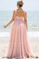 Load image into Gallery viewer, Blush Pink Spaghetti Straps Maxi A Line Bridesmaid Dress with Bow