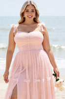 Load image into Gallery viewer, Blush Pink Spaghetti Straps Maxi A Line Bridesmaid Dress with Bow