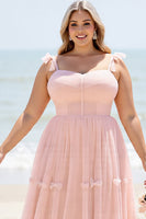 Load image into Gallery viewer, Blush Pink Spaghetti Straps Maxi A Line Bridesmaid Dress with Bow