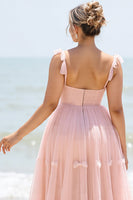 Load image into Gallery viewer, Blush Pink Spaghetti Straps Maxi A Line Bridesmaid Dress with Bow