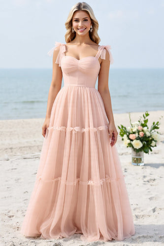 Blush Pink A Line Sweetheart Maxi Bridesmaid Dress with Bow