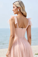 Load image into Gallery viewer, Blush Pink A Line Sweetheart Maxi Bridesmaid Dress with Bow