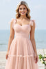 Load image into Gallery viewer, Blush Pink A Line Sweetheart Maxi Bridesmaid Dress with Bow