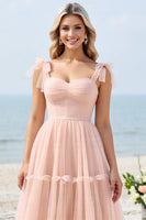 Load image into Gallery viewer, Blush Pink A Line Sweetheart Maxi Bridesmaid Dress with Bow