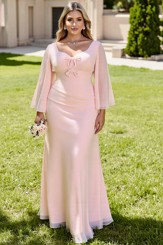 Candy Pink Maxi Sheath Long Sleeves Bridesmaid Dress with Bow