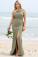 Load image into Gallery viewer, Olive Sheath Satin One Shoulder Maxi Bridesmaid Dress with Slit