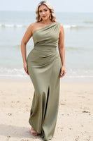 Load image into Gallery viewer, Olive Sheath Satin One Shoulder Maxi Bridesmaid Dress with Slit