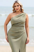 Load image into Gallery viewer, Olive Sheath Satin One Shoulder Maxi Bridesmaid Dress with Slit