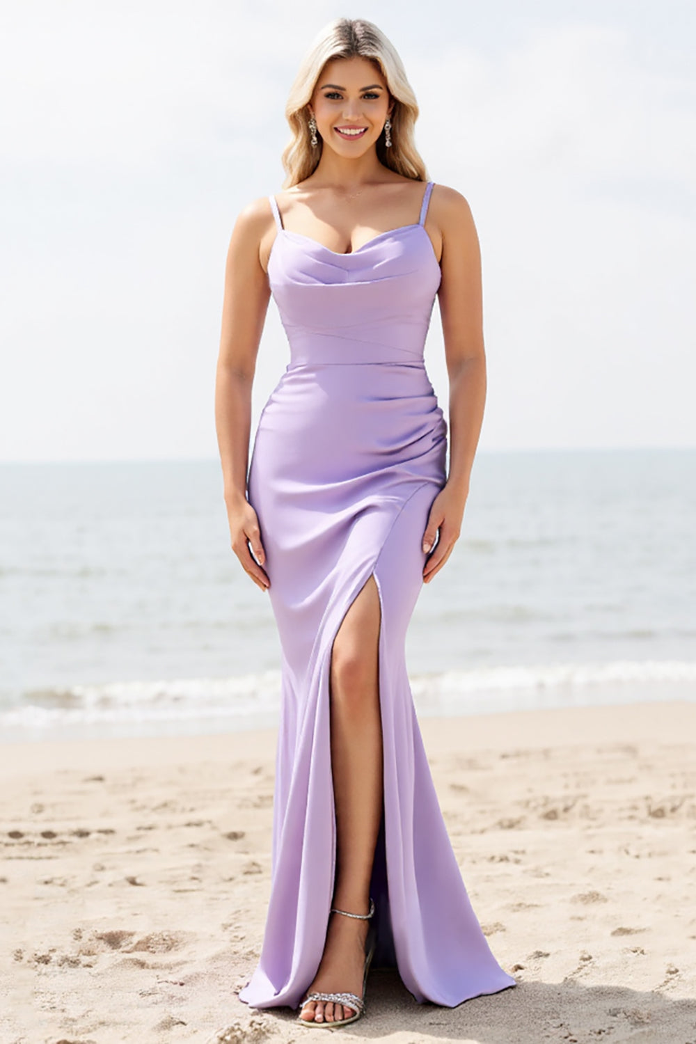 Lilac Spaghetti Straps Mermaid Maxi Bridesmaid Dress with Slit