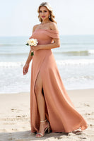 Load image into Gallery viewer, Sunset A Line Off the Shoulder Maxi Bridesmaid Dress with Slit