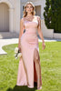 Load image into Gallery viewer, Candy Pink Sheath spaghetti Straps Maxi Bridesmaid Dress with Slit