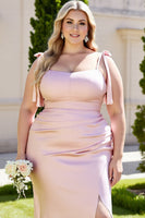 Load image into Gallery viewer, Candy Pink Sheath spaghetti Straps Maxi Bridesmaid Dress with Slit