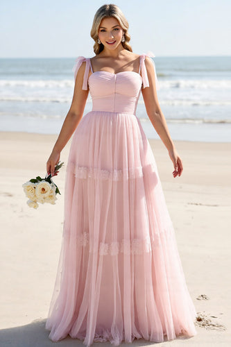 Candy Pink A Line Maxi Spaghetti Straps Bridesmaid Dress