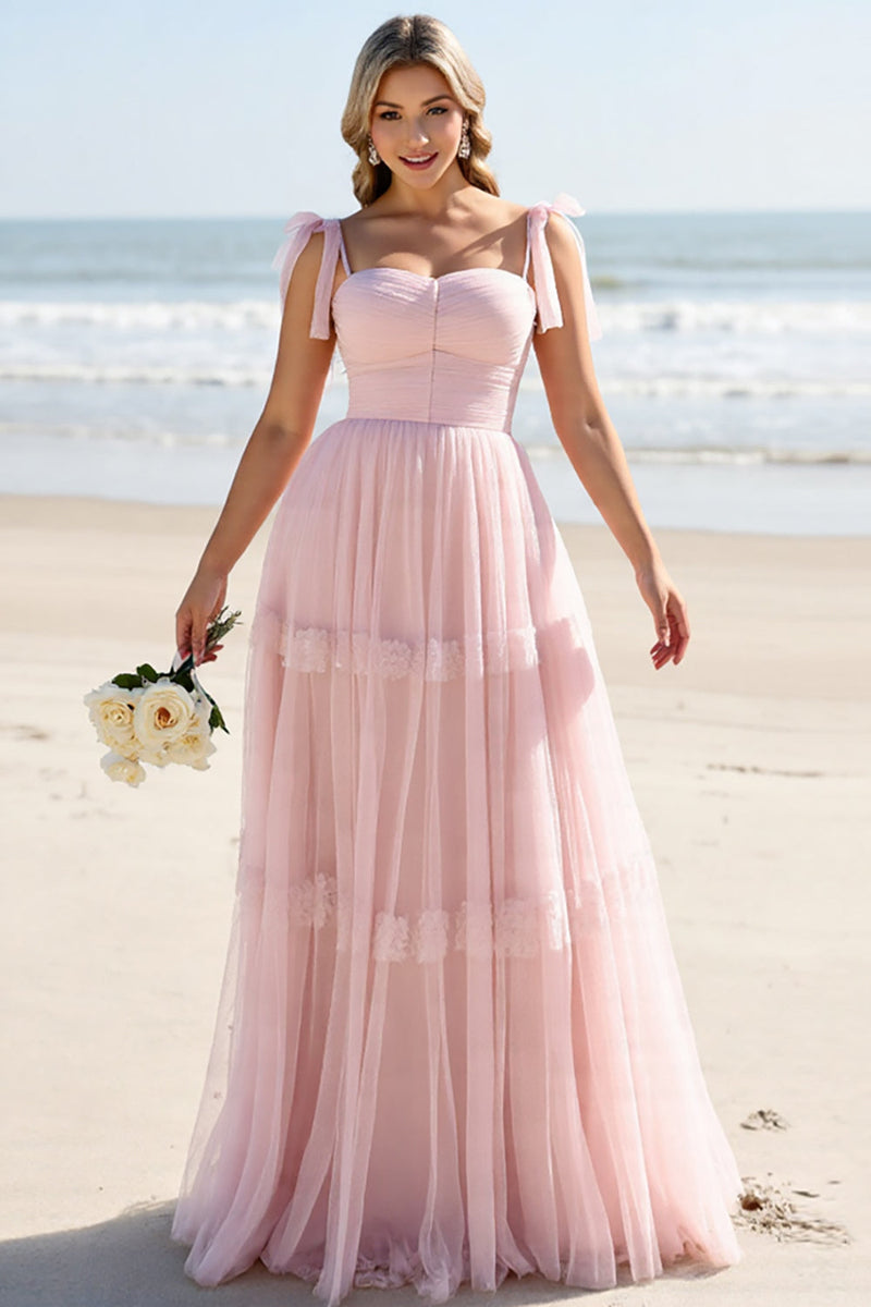 Load image into Gallery viewer, Candy Pink A Line Maxi Spaghetti Straps Bridesmaid Dress