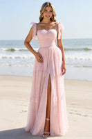 Load image into Gallery viewer, Candy Pink A Line Maxi Spaghetti Straps Bridesmaid Dress