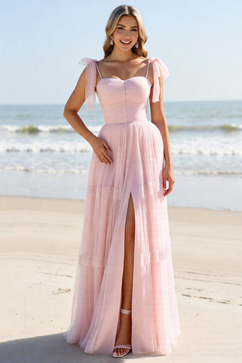 Candy Pink A Line Maxi Spaghetti Straps Bridesmaid Dress