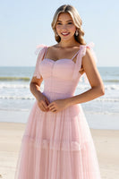 Load image into Gallery viewer, Candy Pink A Line Maxi Spaghetti Straps Bridesmaid Dress