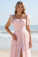 Load image into Gallery viewer, Candy Pink A Line Maxi Spaghetti Straps Bridesmaid Dress