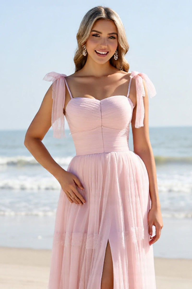 Load image into Gallery viewer, Candy Pink A Line Maxi Spaghetti Straps Bridesmaid Dress