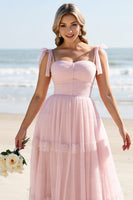 Load image into Gallery viewer, Candy Pink A Line Maxi Spaghetti Straps Bridesmaid Dress
