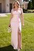 Load image into Gallery viewer, Candy Pink Sheath Spaghetti Straps Maxi Bridesmaid Dress with Slit