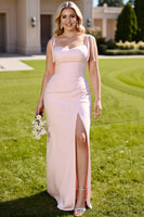 Load image into Gallery viewer, Candy Pink Sheath Spaghetti Straps Maxi Bridesmaid Dress with Slit