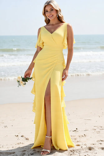 Daffodil Sheath V Neck Maxi Bridesmaid Dress with Ruffles