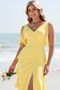 Load image into Gallery viewer, Daffodil Sheath V Neck Maxi Bridesmaid Dress with Ruffles