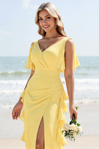 Daffodil Sheath V Neck Maxi Bridesmaid Dress with Ruffles
