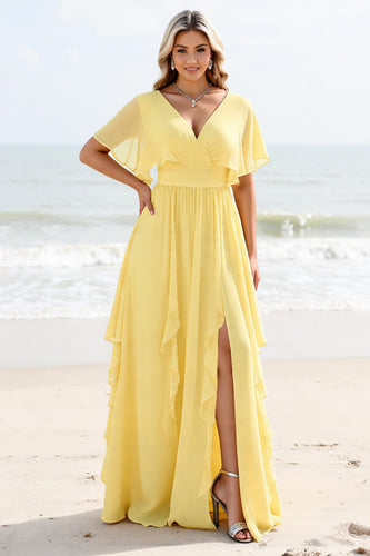 Daffodil Chiffon A Line V Neck Maxi Bridesmaid Dress with Ruffles
