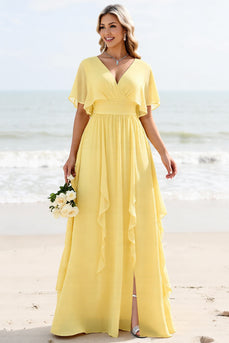 Daffodil Chiffon A Line V Neck Maxi Bridesmaid Dress with Ruffles