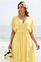 Load image into Gallery viewer, Daffodil Chiffon A Line V Neck Maxi Bridesmaid Dress with Ruffles