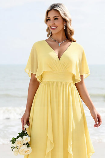 Daffodil Chiffon A Line V Neck Maxi Bridesmaid Dress with Ruffles