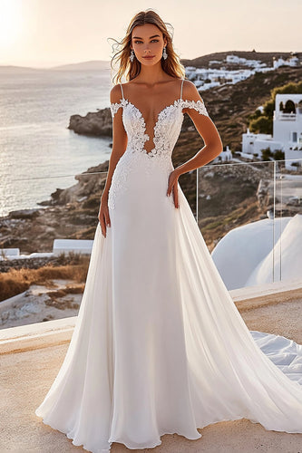 Ivory Chiffon Sweep Train Spaghetti Straps Boho Wedding Dress with Lace