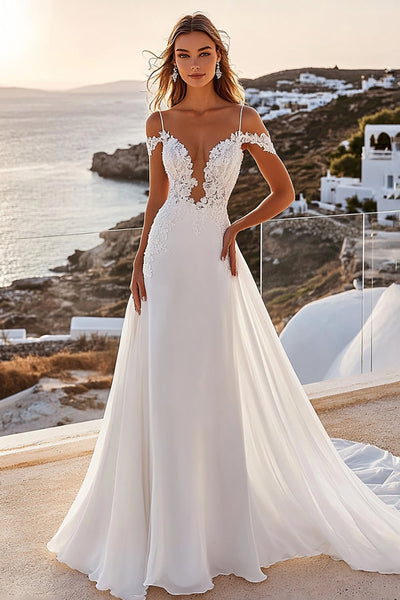 Ivory Chiffon Sweep Train Spaghetti Straps Boho Wedding Dress with Lace
