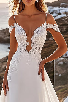 Ivory Chiffon Sweep Train Spaghetti Straps Boho Wedding Dress with Lace
