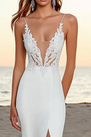 Load image into Gallery viewer, Ivory Sweep Train Spaghetti Straps Mermaid Boho Wedding Dress with Slit