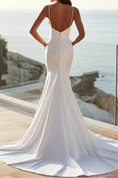 Load image into Gallery viewer, Simple Ivory Satin Sweep Train Spaghetti Straps Mermaid Wedding Dress
