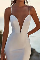 Load image into Gallery viewer, Simple Ivory Satin Sweep Train Spaghetti Straps Mermaid Wedding Dress