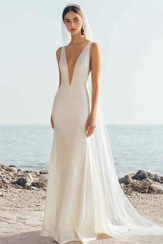 Simple Ivory Sweep Train V Neck Mermaid Boho Wedding Dress