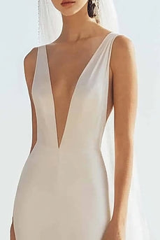Simple Ivory Sweep Train V Neck Mermaid Boho Wedding Dress
