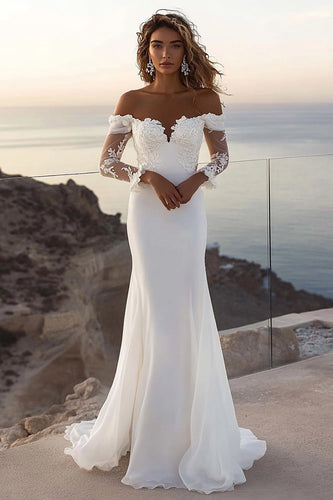 Ivory Sweep Train Off the Shoulder Mermaid Wedding Dress with Lace