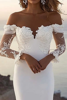 Ivory Sweep Train Off the Shoulder Mermaid Wedding Dress with Lace